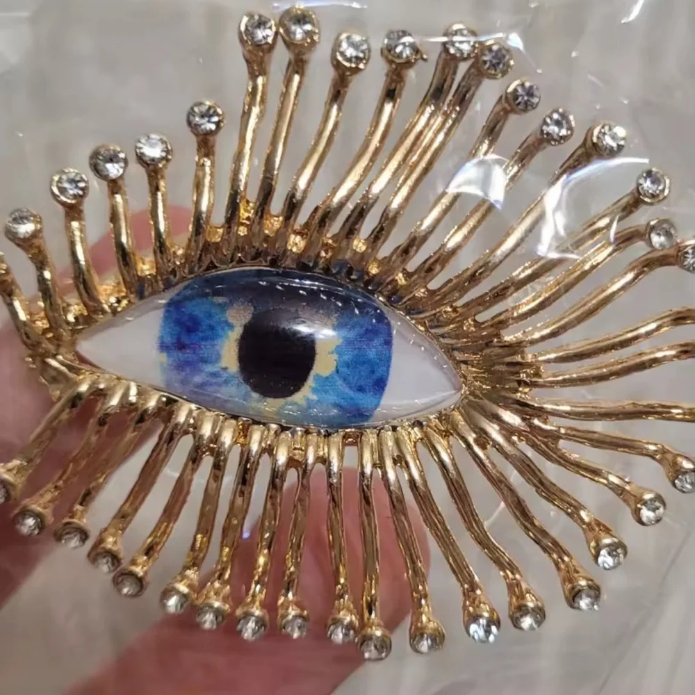 Mystic Gaze Gold Sunburst Crystal Blue Eye Motif Brooch - Picture 4 of 10